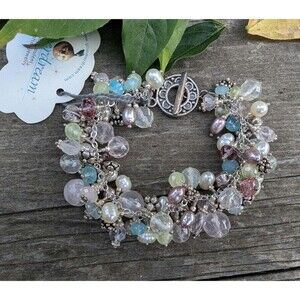 Vintage Sterling Silver Gemstone & Pearl Bracelet, Romantic Gift, Beachy Jewelry